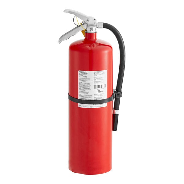 A red Badger Advantage fire extinguisher with a black hose.