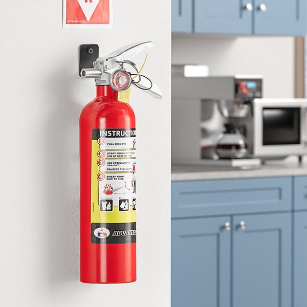 A Badger Advantage dry chemical fire extinguisher mounted on a wall.