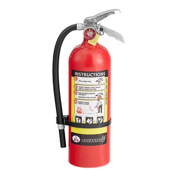 A red Badger Advantage fire extinguisher with a hose.