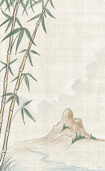 Menu paper cover with an Asian themed drawing of bamboo and a mountain.