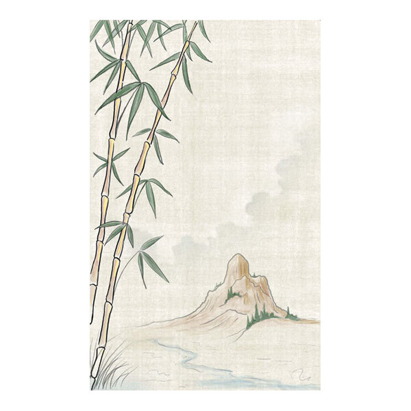 An illustration featuring bamboo stalks and leaves on the left side, with a distant mountain and river landscape in the background on a light textured surface.