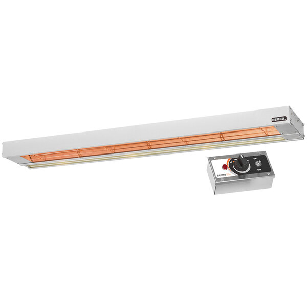 A white Nemco dual infrared strip warmer with a remote control box.