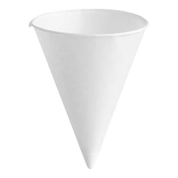 A white, cone-shaped paper cup with a rolled rim.