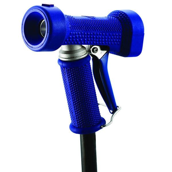 A T&S stainless steel rear trigger water gun with blue accents.