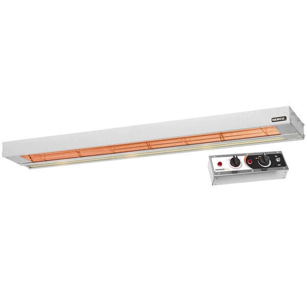 A white and black Nemco dual infrared strip warmer with a control panel.