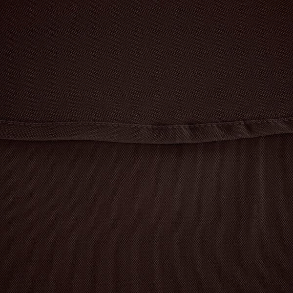 A brown 100% polyester hemmed table cover.