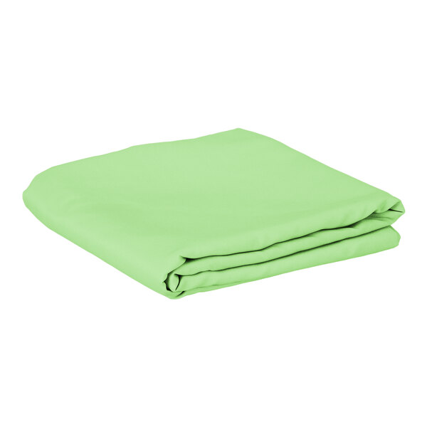 A folded, square seafoam green polyester hemmed cloth table cover.