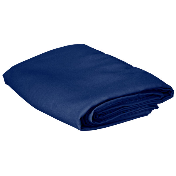 A folded royal blue Intedge table cover.