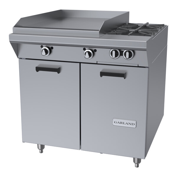 A commercial stainless steel range with two burners, a 23-inch griddle, and a storage base.