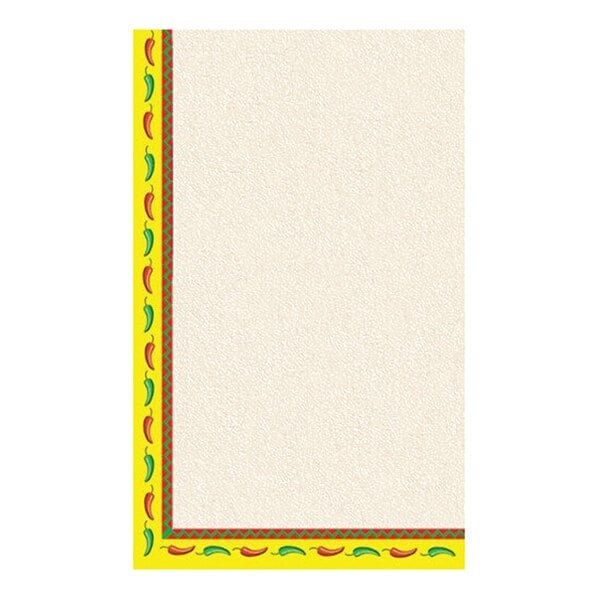 A rectangular sheet of paper with a textured off-white center and a decorative yellow border on the left and bottom edges featuring red and green chili pepper illustrations and a zigzag pattern.