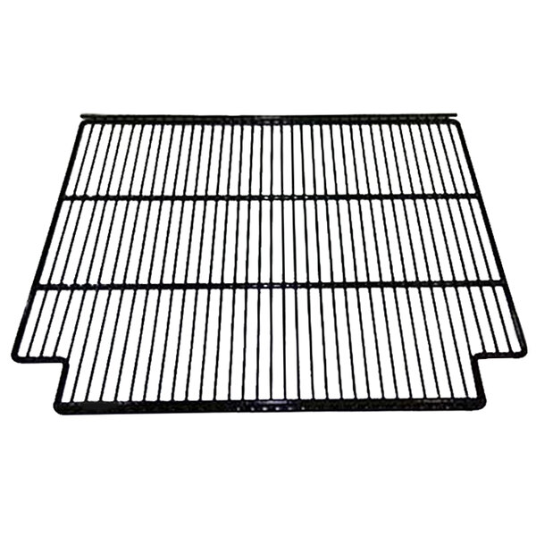 A black metal grid shelf with black lines.