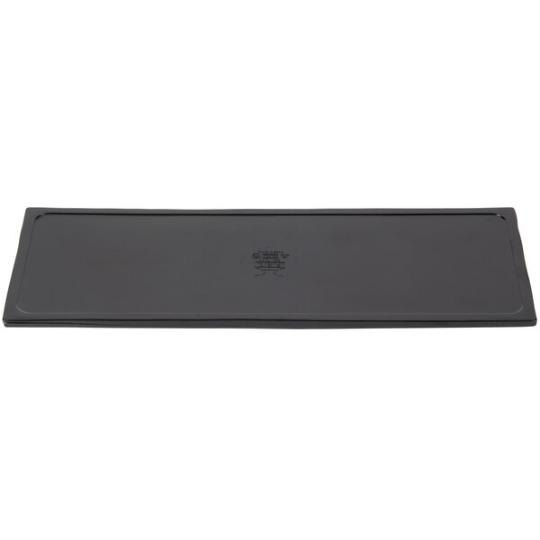 A black rectangular GET Madison Avenue faux slate melamine display board with black text on it.