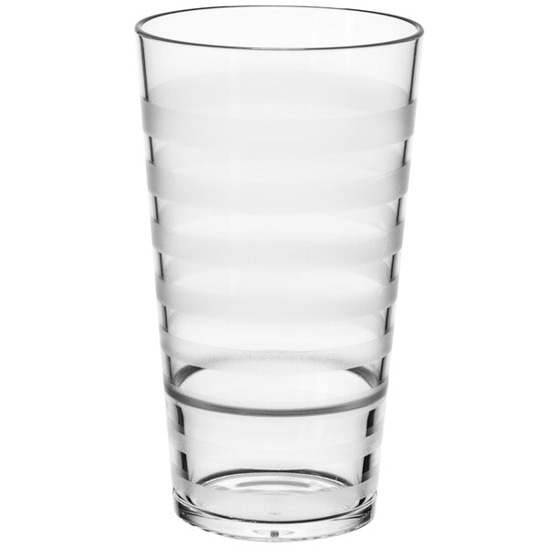 A clear GET Orbis plastic tumbler with stripes.