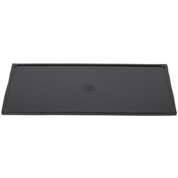 A rectangular black melamine serving board with a black border and white logo on it.