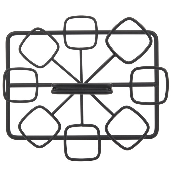 A black metal tower display stand with six square holders.