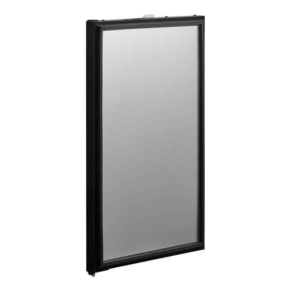 A black rectangular door with a white background.