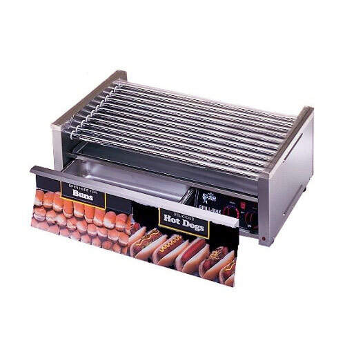 A Star Grill Max hot dog roller grill with hot dogs and a bun drawer.