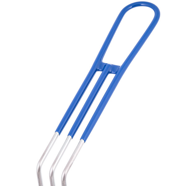 A blue and silver metal Globe fryer basket with a front hook.