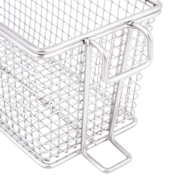 A Globe stainless steel wire fryer basket with front hook handles.