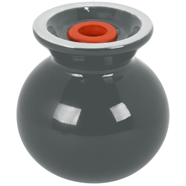 A grey round Fiesta salt shaker with a red top.
