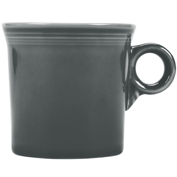 A slate grey Fiesta China mug with a handle.