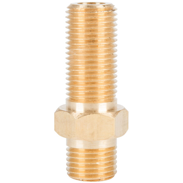 A brass tube connector with a gold nut and screw.