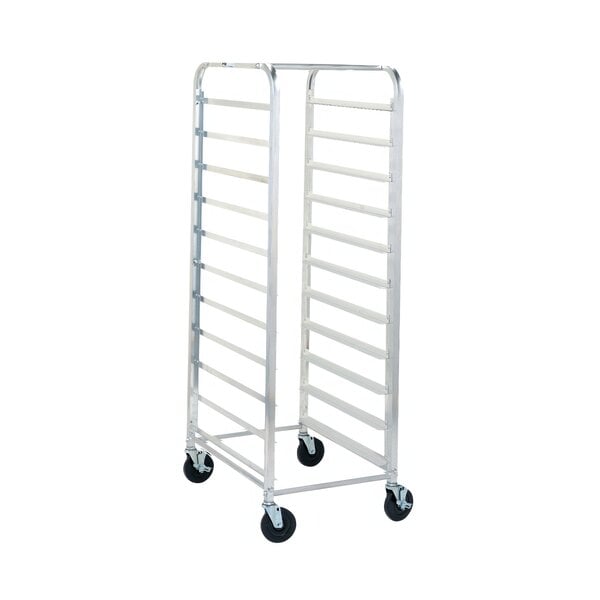 A Metro sheet pan rack with wheels.