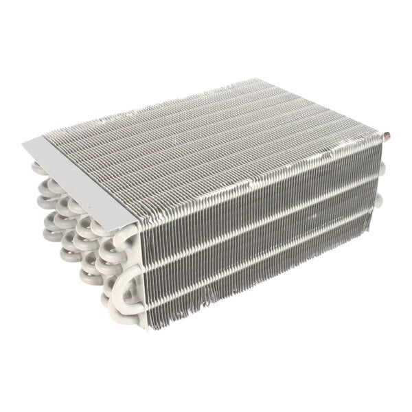 A rectangular metal component with closely spaced parallel fins and coiled tubing, resembling a heat exchanger or evaporator coil.