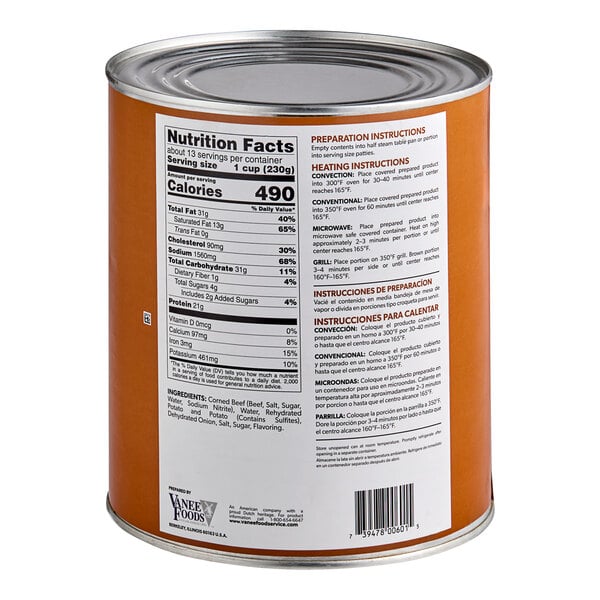 A Vanee #10 can of corned beef hash with a label.