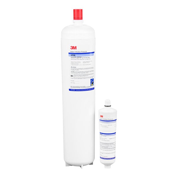 A white 3M water filtration cartridge with blue and white labels and red cap and lid.