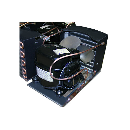 A True 1/3 hp condensing unit with copper pipes and a black fan.