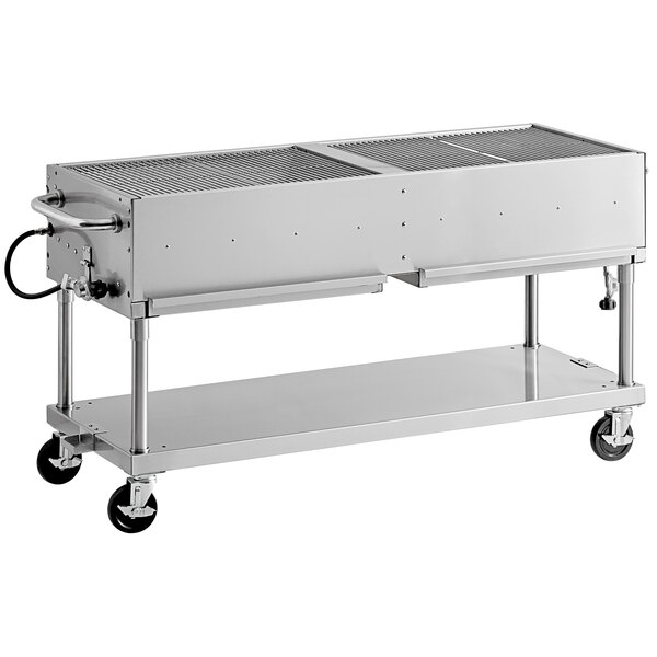 A large stainless steel grill on wheels with two shelves.