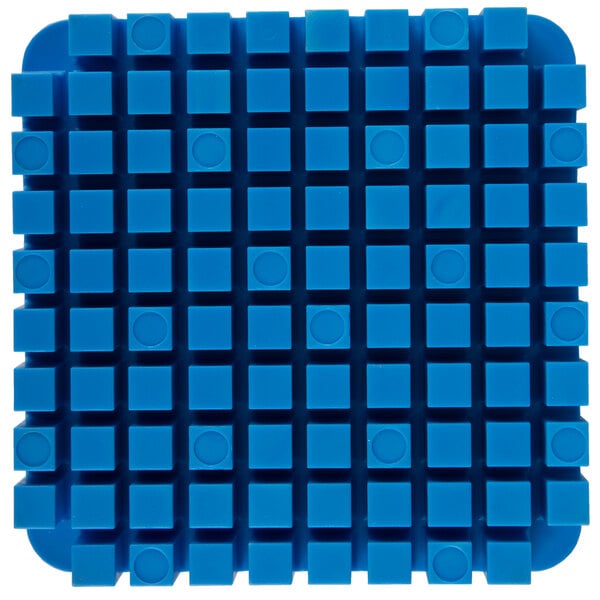 A close up of a blue square Nemco push block with squares.