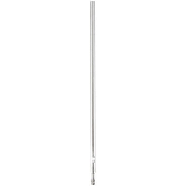 A silver metal pole with a black handle.