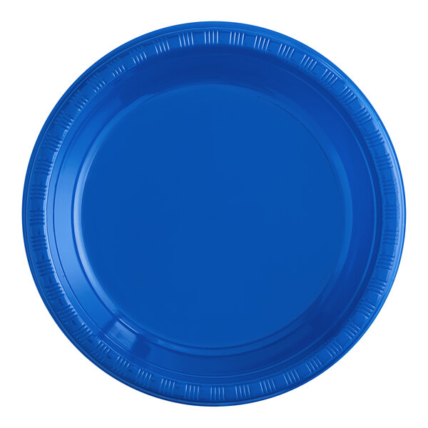 A close-up of a blue plastic plate.