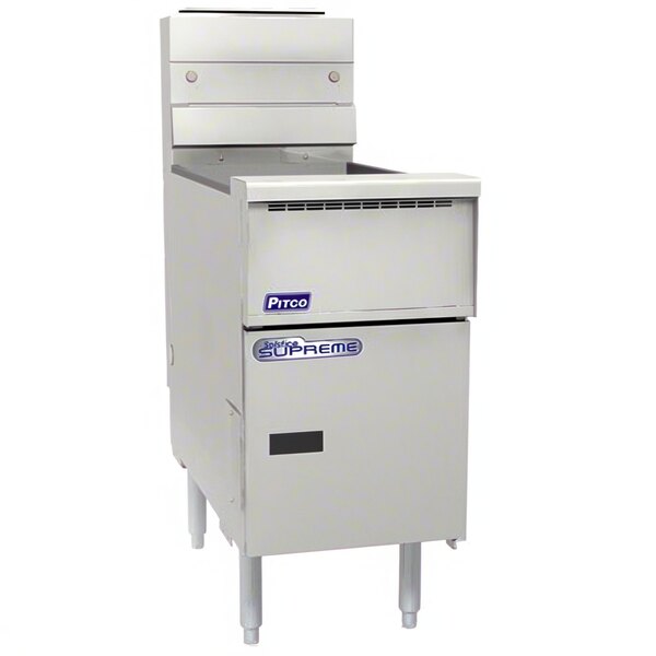 A white Pitco Solofilter Solstice Supreme floor fryer with touchscreen controls.