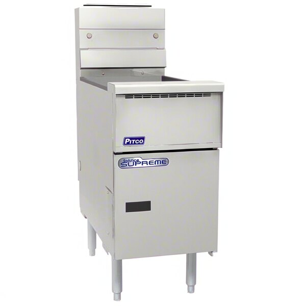 A Pitco Solofilter Solstice Supreme gas floor fryer with stainless steel cabinet.