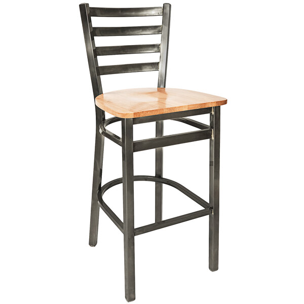 A BFM Seating bar height chair with a natural wooden seat and clear coat frame.