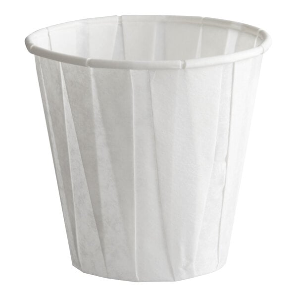 A white 3.5 oz. paper souffle or drinking cup.