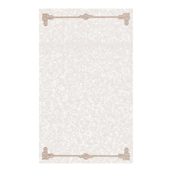 A tan menu paper with a scroll border design at the top and bottom.