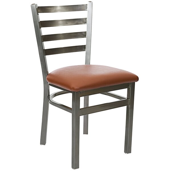 A BFM Seating steel side chair with a light brown vinyl seat