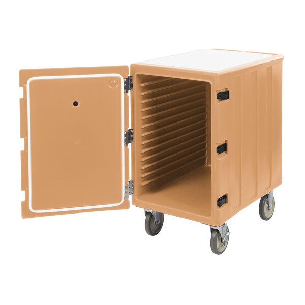A beige mobile food storage cart with a single compartment and an open door, designed to hold 18" x 26" food storage boxes.