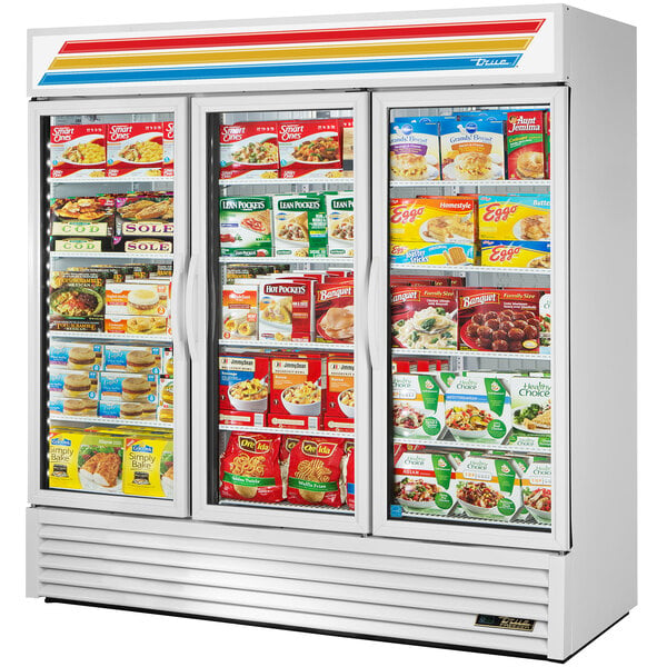 A white True glass door merchandiser freezer.