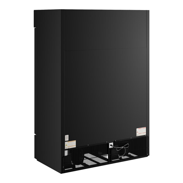 A large black glass door merchandiser freezer with LED lighting.