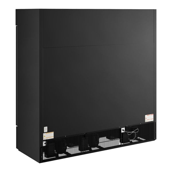 A large black refrigerated glass door merchandiser with LED lighting, shown from the back.