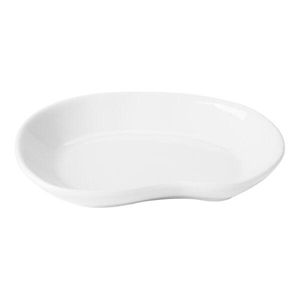A small, bright white, elliptical porcelain plate with a smooth, curved design.