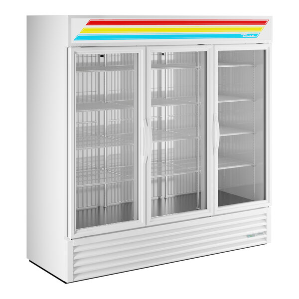 A large white refrigerated glass door merchandiser with three sliding doors and LED lighting.