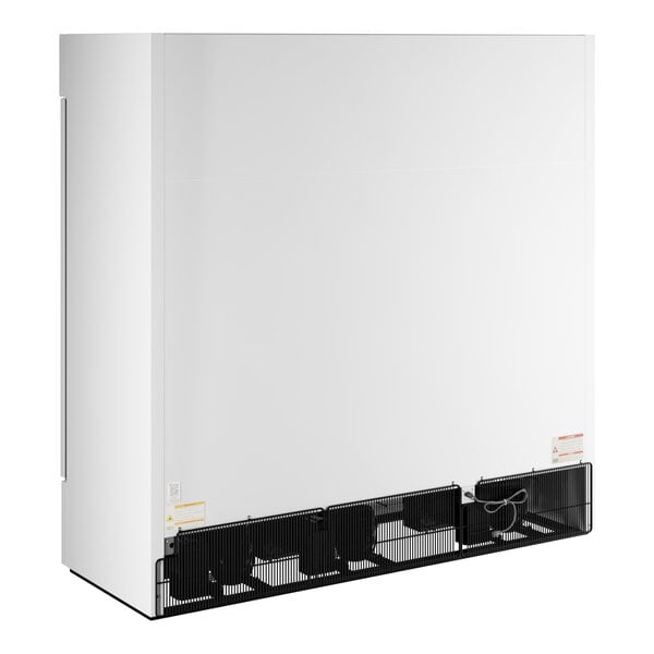 A large white refrigerated glass door merchandiser with LED lighting and a vented lower section.