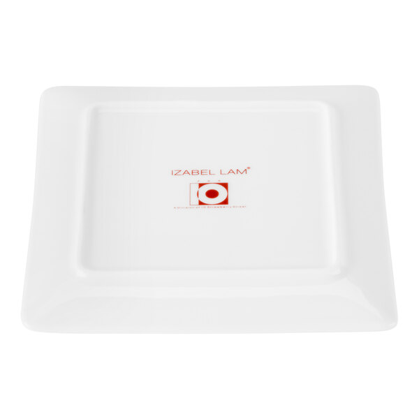 A white square bone china plate with a slightly raised rim.