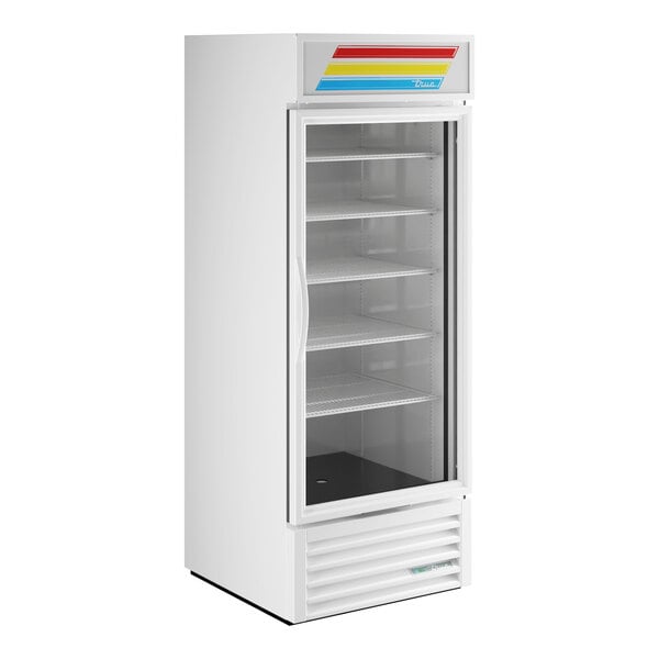 A white True refrigerated glass door merchandiser.